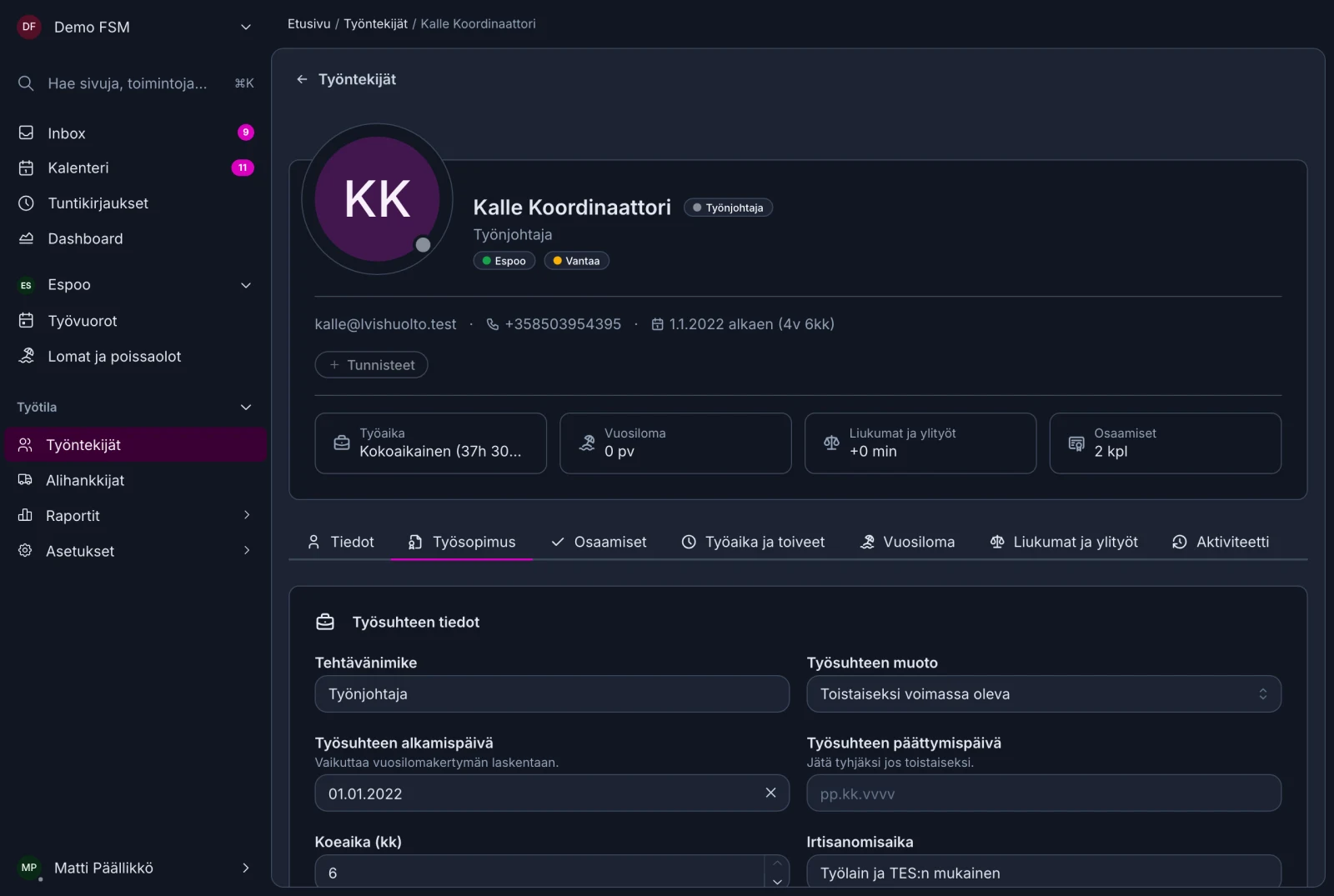 Sutjan näkymä työntekijän työsopimuksen tietoihin